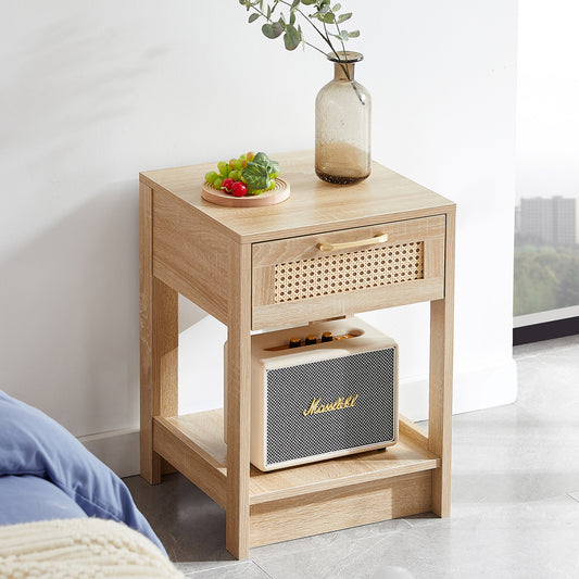 Gigab2b original image - Rattan-Beistelltisch mit Schublade, moderner Nachttisch, Beistelltisch für Wohnzimmer, Schlafzimmer, Naturholzoptik-H55/B40/T40 cm