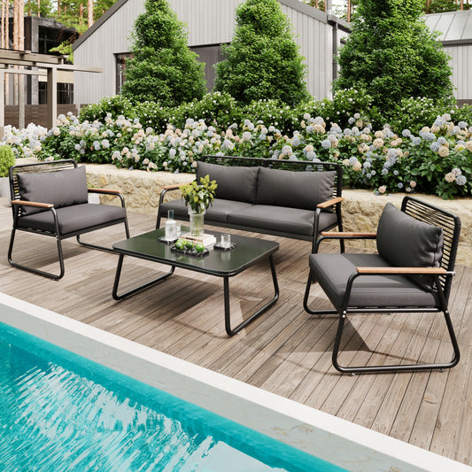 Gigab2b original image - Garten-Lounge-Set, Sofa-Tisch-Set für 4 Personen mit Gestell aus verzinktem Eisen, Tischplatte aus gehärtetem Glas, verstellbare Beine, inklusive aller Sitz- und Rückenkissen, schwarz