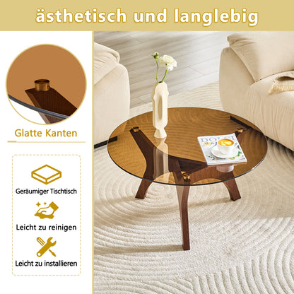 Runder Couchtisch mit Bernstein-Glasplatte, Moderner Wohnzimmertisch mit braunem Holzrahmen, Stabiler Kaffeetisch 80cm, Hitze- & Kratzfest, für Wohnzimmer, Büro & Lounge