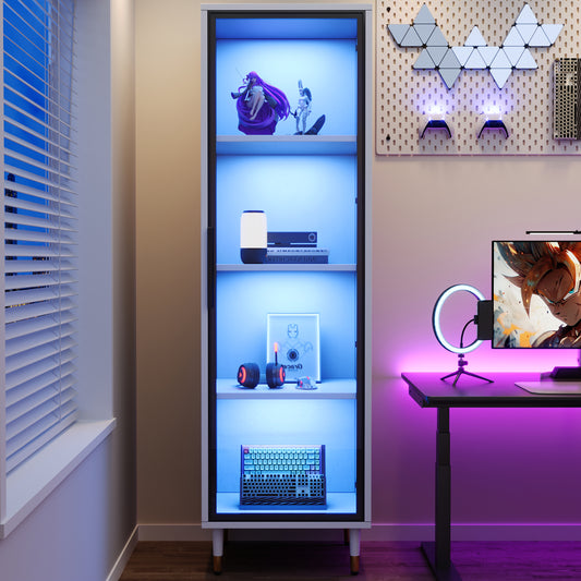 Gigab2b original image - LED-Glasvitrine, Höhe 170 cm – weiße freistehende Vitrine mit Sockel, getöntem Glas und farbwechselnder Beleuchtung – Vitrine, Bücherregal, Weinschrank