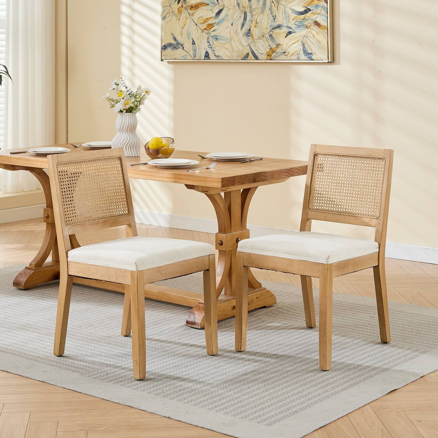 Gigab2b original image - Farmhouse Rattan Dining Chairs Set of 2, Mid Century Modern Kitchen & Dining Room Chairs, Cane Upholstered Kitchen Side Chair with Natural Hardwood Frame, Beige,DE1883BG