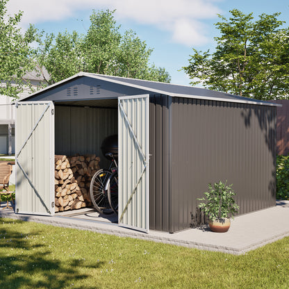 10'x10' Metal Storage Shed with Floor Frame, Heavy Duty Steel Garden Shed, Lockable Doors & Weather Resistant for Backyard Patio Lawn – Grey