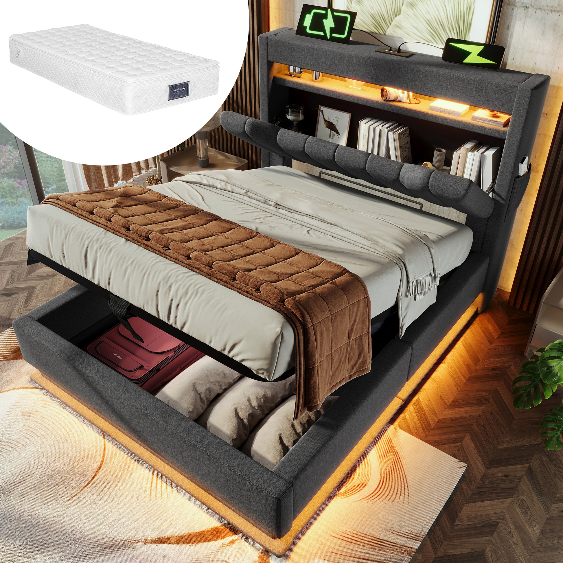 90x200cm Polsterbett Einzelbett, Stauraum-Kopfteil mit USB- und Typ-C-Anschlüssen, LED-Beleuchtung am Kopf- und Fußende des Bettes, mit Hydraulischem Stauraum, Grau, Leinen, Mit Matratze.