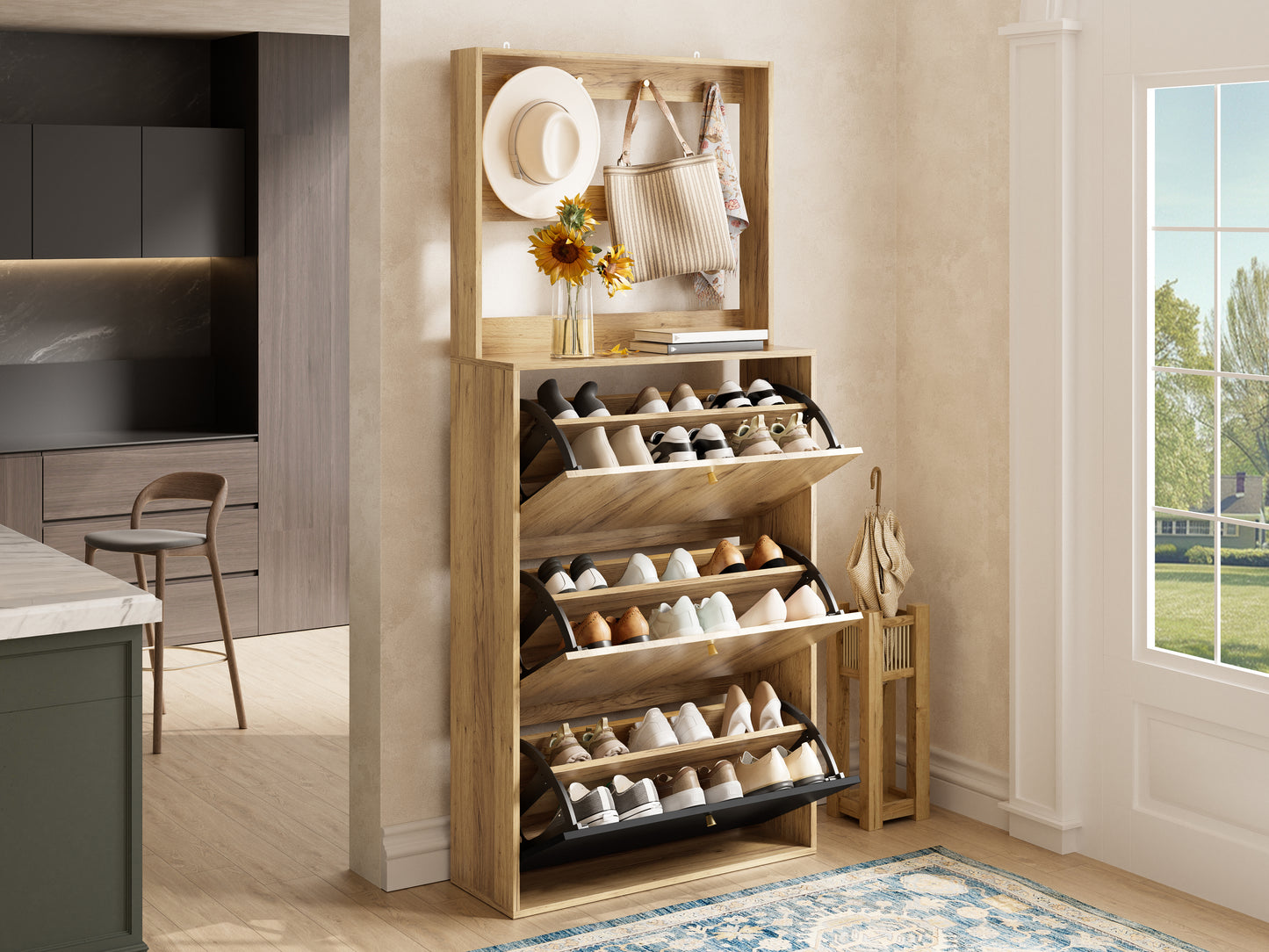Modern Foldable Shoe Cabinet with Hooks for Hallway Storage