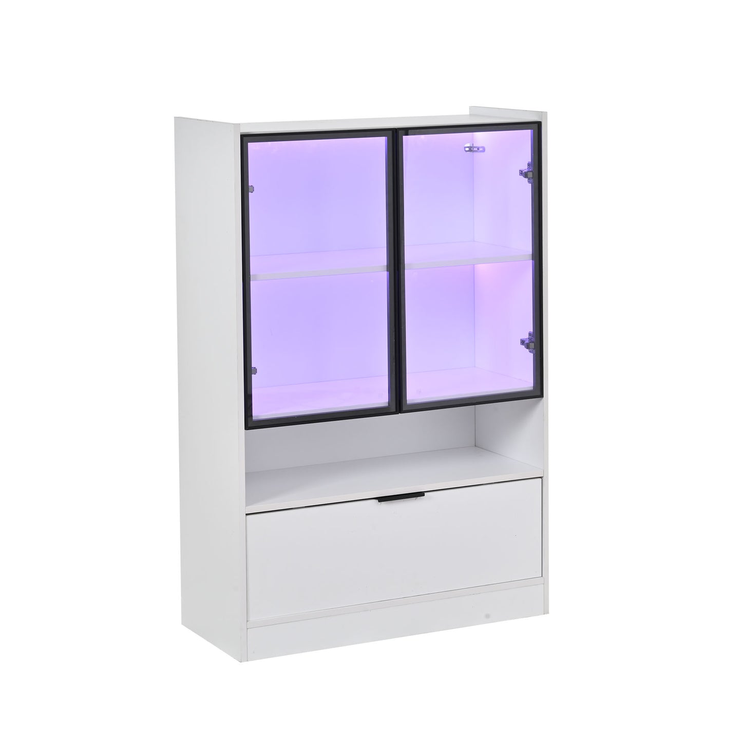 Moderne LED Vitrine Matt Höhe 120cm mit LED-Beleuchtung, Glasvitrine Standvitrine mit Beleuchtung, Wohnzimmerschrank mit Glastüren und Klapptür, Spanplatte Display Schrank,Weiß
