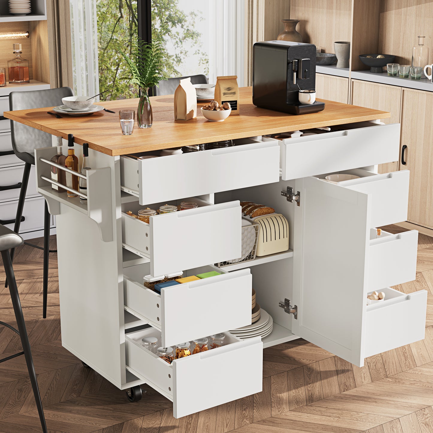Gigab2b original image - Moderne Kücheninsel, Küchenschrank, Ausziehbarer Küchenwagen mit Rollen und Arbeitsplatte, Servierwagen mit Gewürzregal und 8 Schubladen, weiß