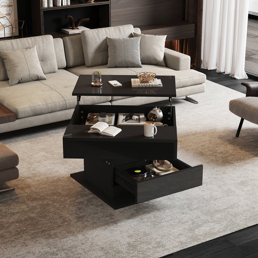 70*70*45cm geometrischer Kaffeetish,Obere Tischplatte 360° frei drehbar,anhebbarer Couchtisch mit 1 Schublade,hochglänzende Wohnzimmertisch mit verstecktem Stauraum, Sofatisch,Beistelltisch,Schwarz