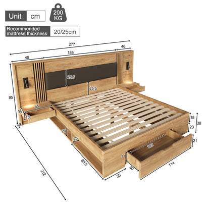 Doppelbett 180 200cm, Stauraumbett, holzbett, Jugendbett, mit Leselampe, mit 2 Nachttische, mit Schubladen,