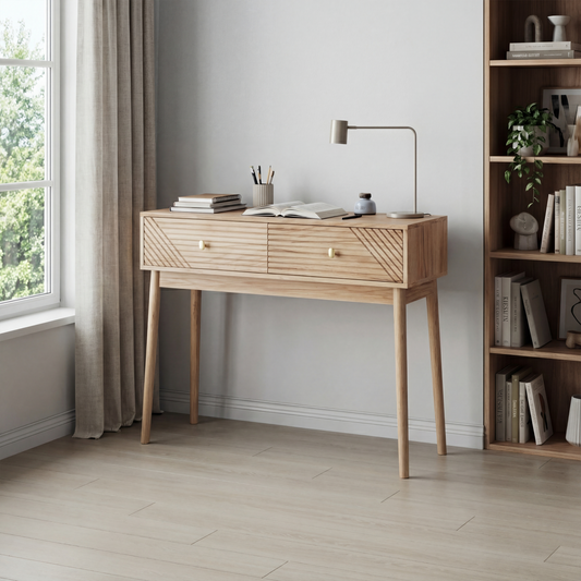 Gigab2b original image - Schreibtisch, Konsolentisch im Mid-Century-Modern-Stil mit Schubladen, Vintage-Empfangstisch mit offenen Regalen, moderner Couchtisch, geeignet für Wohnzimmer, Foyer und Flur, Eichenfarbe