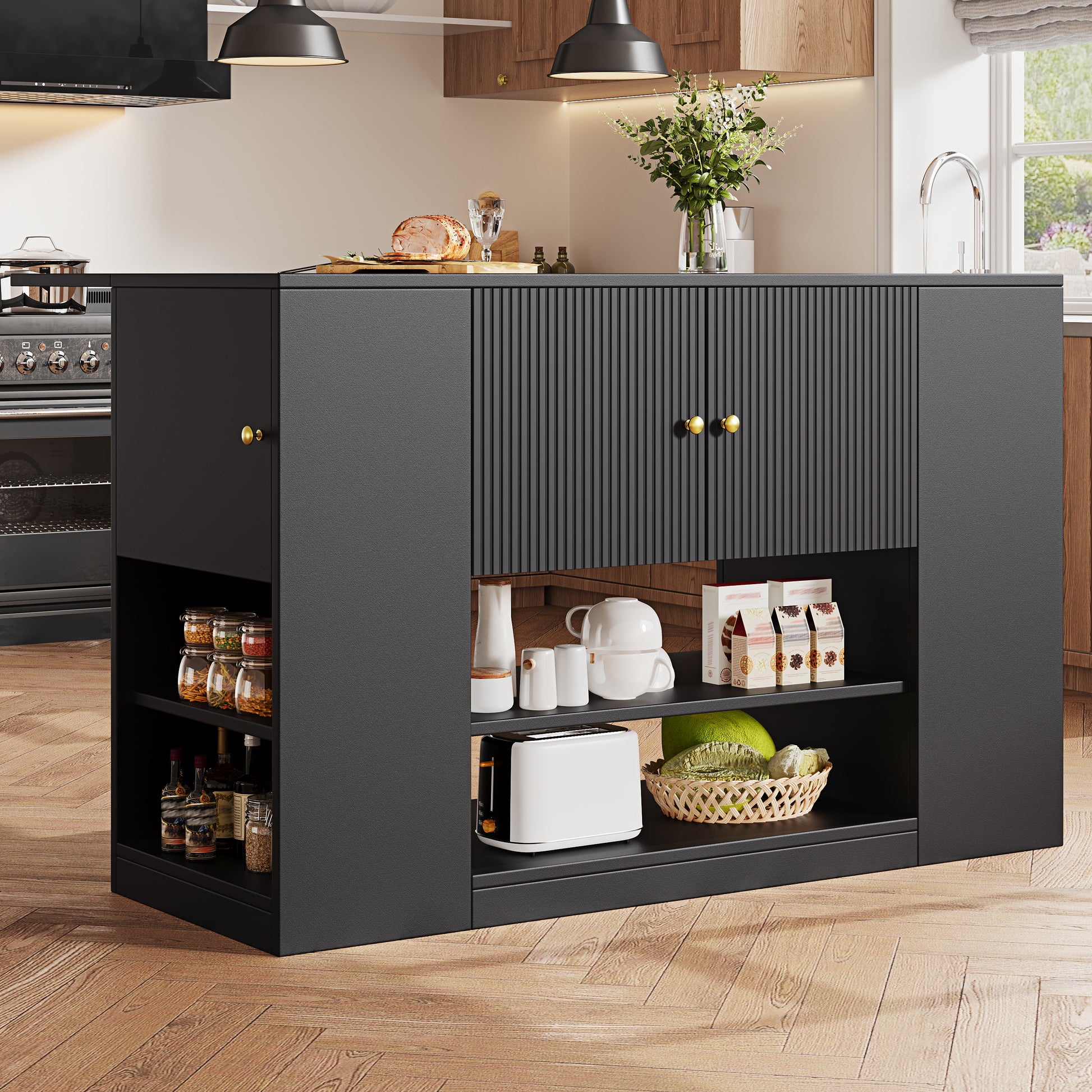 Gigab2b original image - Moderne Kücheninsel, Küchenschrank, buffetschrank, Küchenschrank mit Schubladen und Regalen, Sideboard für Küche & Esszimmer, Schwarz