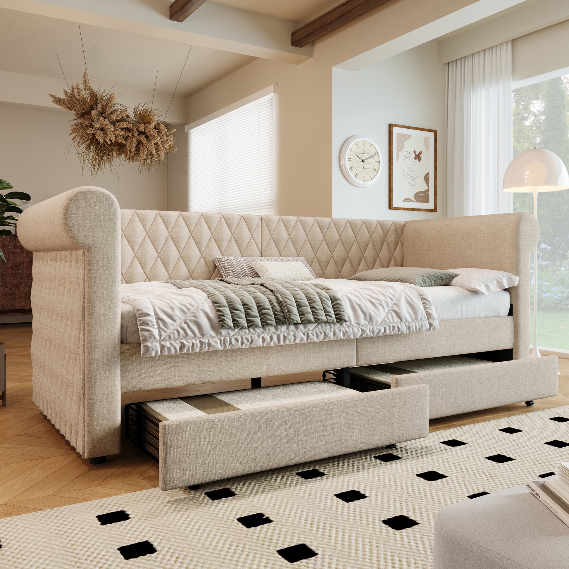 Gigab2b original image - Vintage Kopfteil Polsterbett Sofabett 90x200 cm, Schlafsofa Tagesbett mit 2 Stauraum Schubladen, kinderbett Jugendbett Bettgestell mit Lattenrost aus Holz, Linen, Beige(Ohne Matratze)