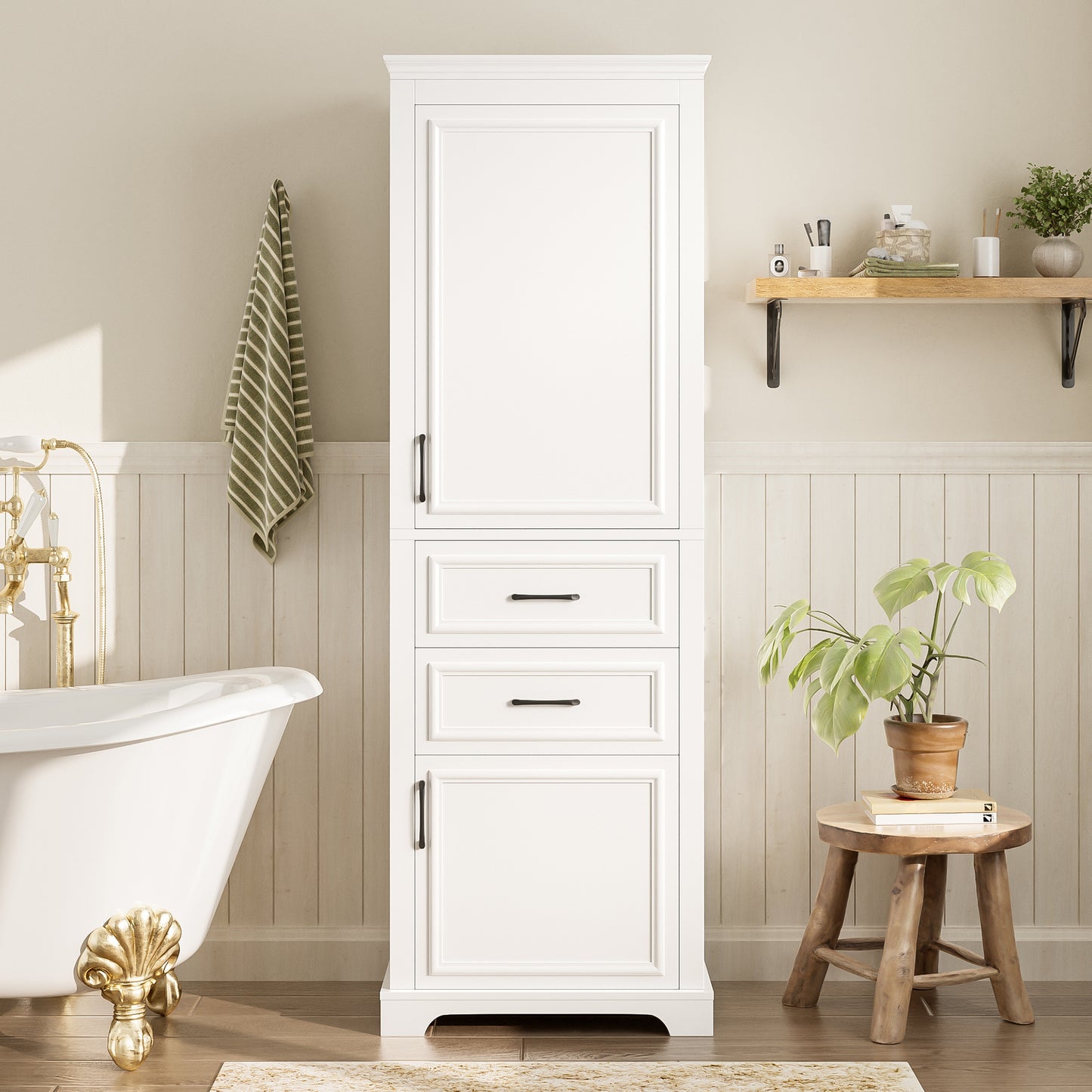 60x40x180cm Badezimmer-Hochschrank aus MDF, mit zwei Schubladen, zwei Schränken, vier Ablagefächern, verstellbaren Einlegeböden, Soft-Close-Scharniere, schwarzen Griffen, schlichtem Design,weiß