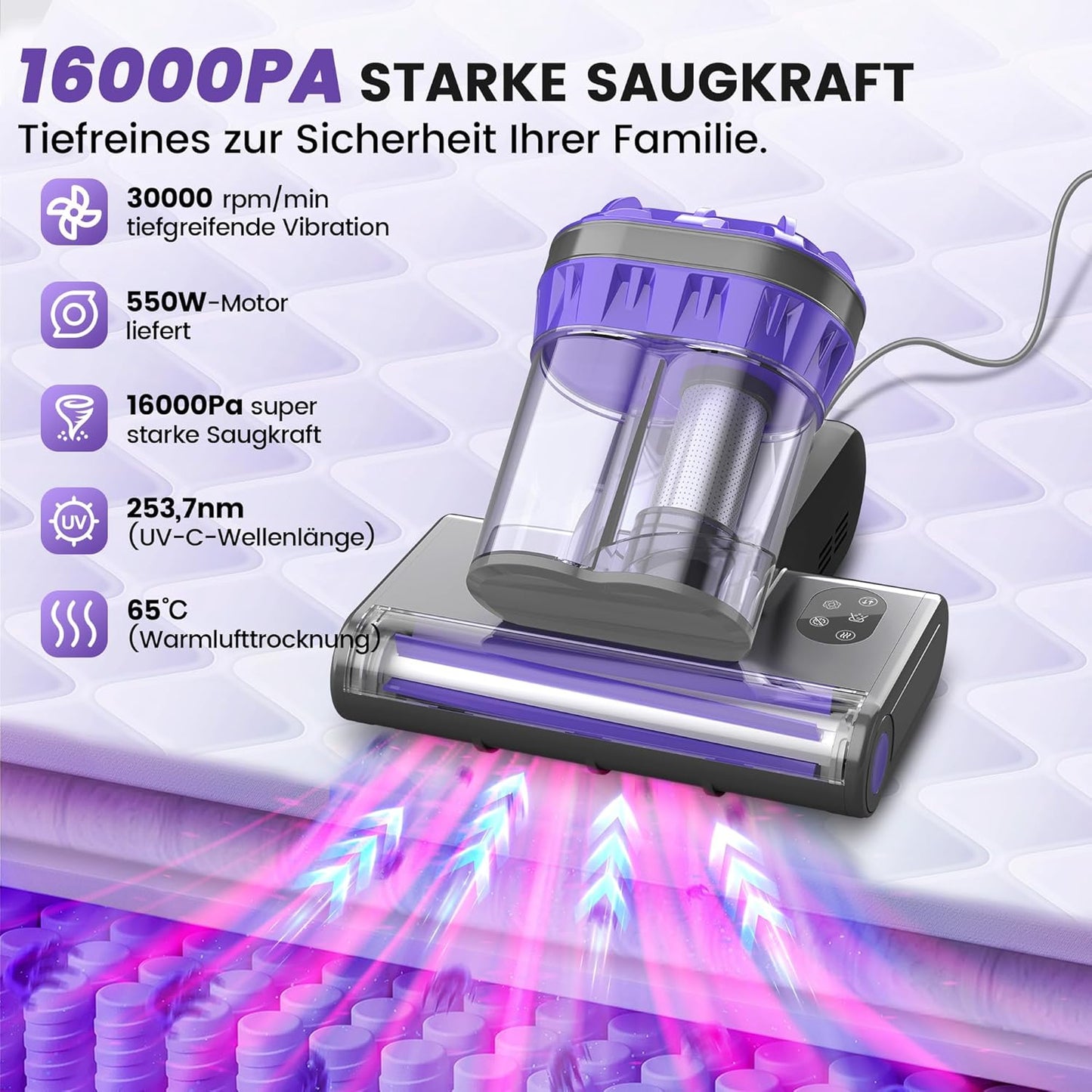 M1 Purple Dzaki Milbensauger, Milbenstaubsauger mit UV-Licht & Heißluft fur Matratzen