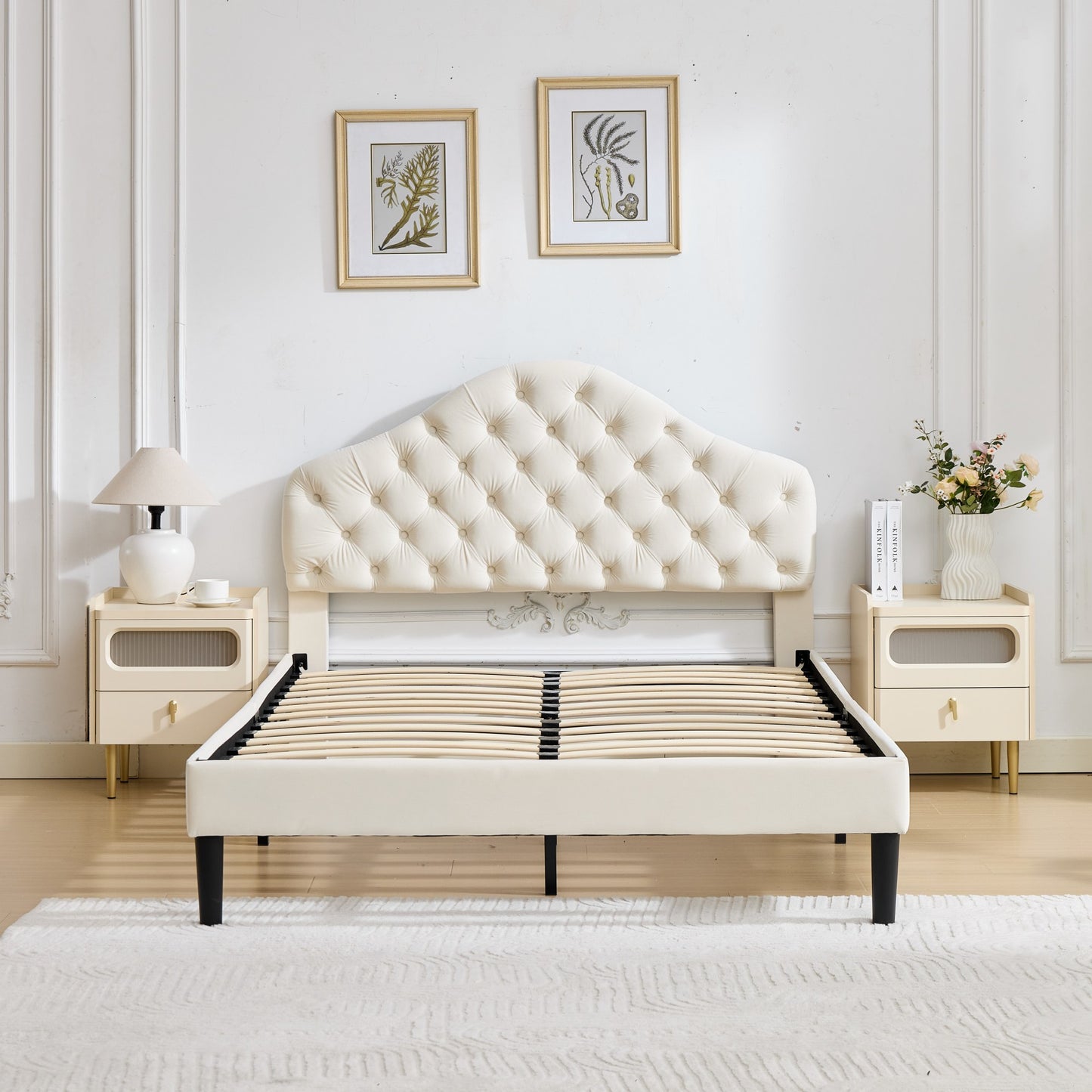 Full Size Upholstered Platform Bed Frame with Adjustable Headboard, Velvet Single Bed with Wood Slat