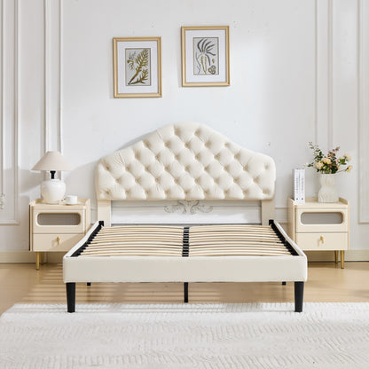 Full Size Upholstered Platform Bed Frame with Adjustable Headboard, Velvet Single Bed with Wood Slat