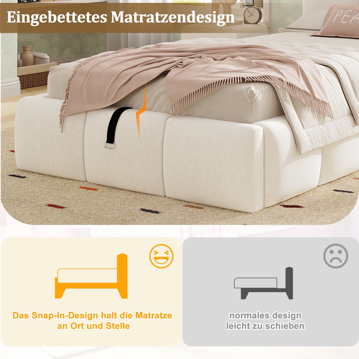 Polsterbett, Einzelbett, Kinderbett 90 x 200cm, hydraulisches Funktionsbett, Bett mit Lattenrost, Kopfteil, großem Stauraum und  USB-Ladeanschluss, gepolstertes Kopfteil, samt, beige