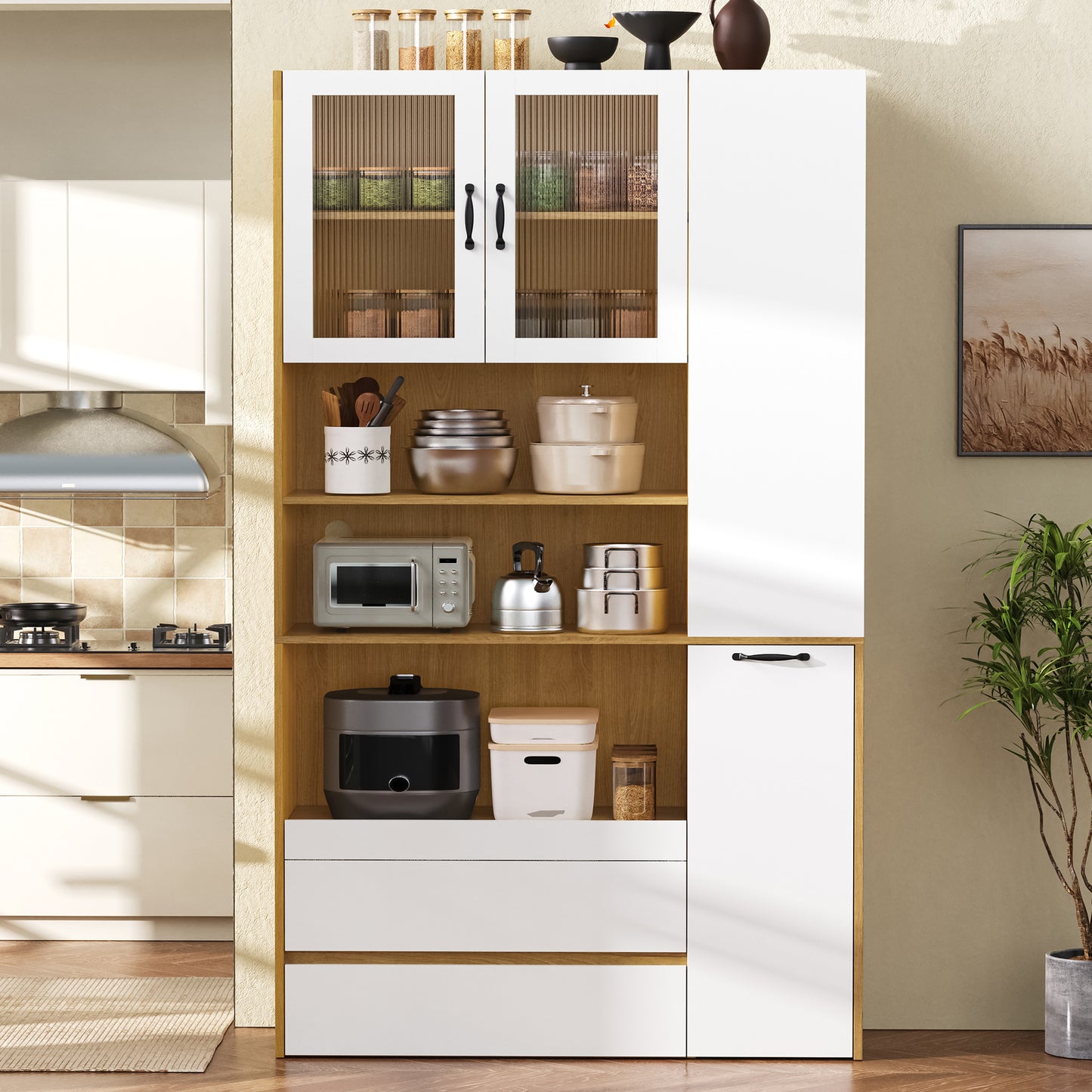 Gigab2b original image - Highboard mit verstellbaren Regalböden und Schubladen, Buffetschrank mit ausziehbaren Regalböden und Riffelglas , Ideal für Esszimmer, Wohnzimmer und Küche (Weiß+Natur)