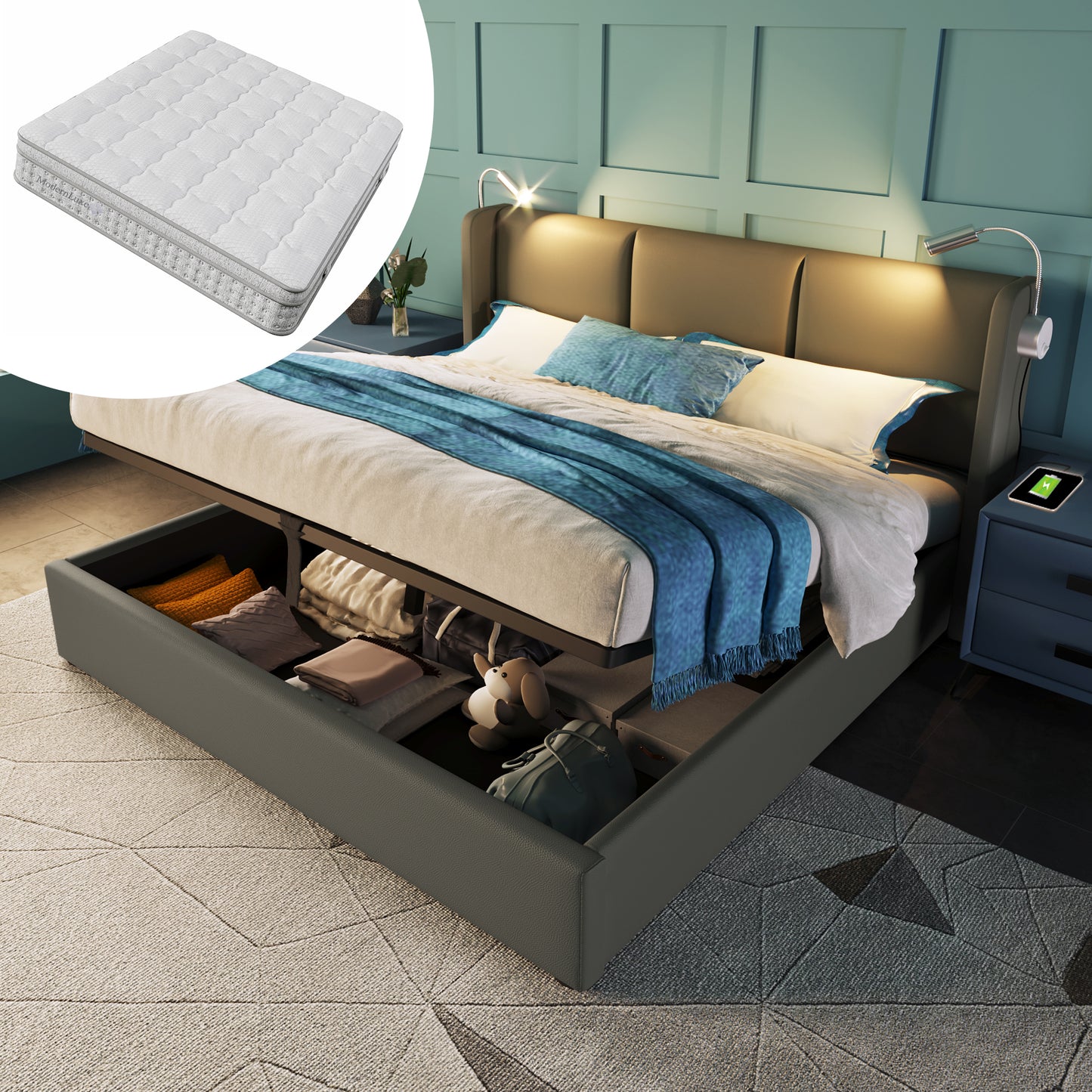 Gigab2b original image - Polsterbett Doppelbett Stauraum Bettkasten Leselicht mit Ladefunktion Kopfteil,Stauraumbetten Bettgestell PU Jugendbett 160x200 mit lattenrost(Mit Matratze)