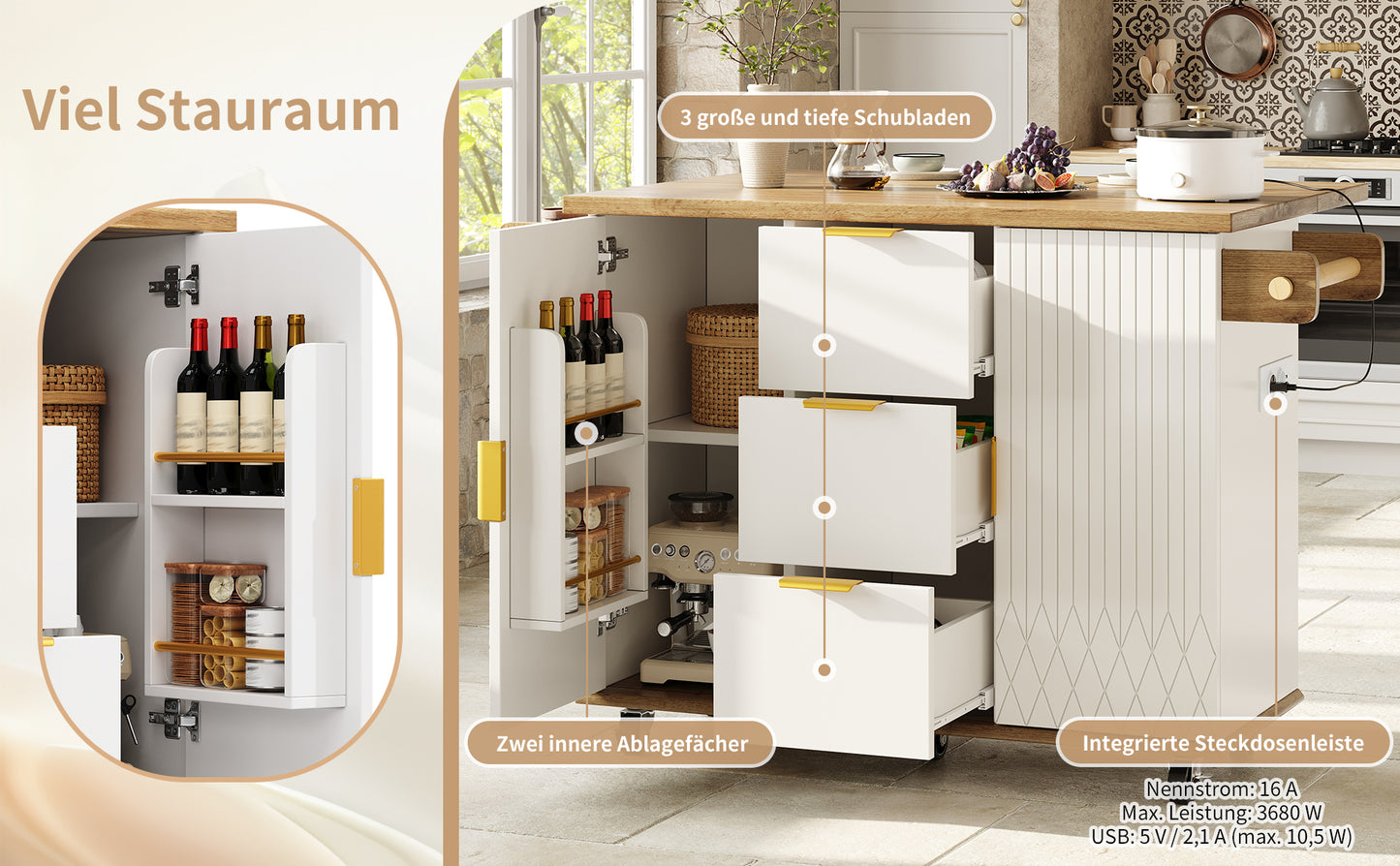 Küchenwagen mit ausklappbarer Arbeitsplatte & Stromanschluss, mobiler Kücheninselschrank mit Rollen, Weiß-Holzoptik, belastbar bis 70kg