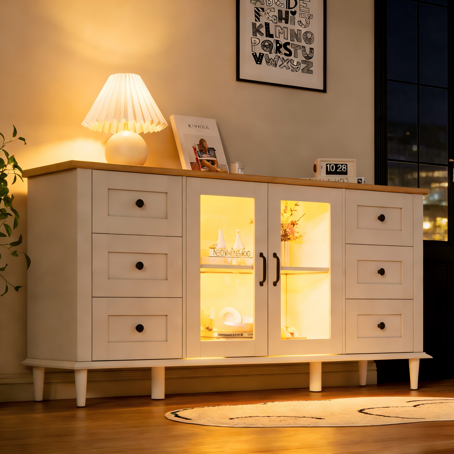 150*40*75cm Wohnzimmerschrank, Sideboards Mit 2 Acryl Türen, 6 Schublade, LED-Leuchten, Esszimmerschrank, breite Schließfächer, vielseitig einsetzbar Sofa-Beistellschrank, Weiß + Holzton