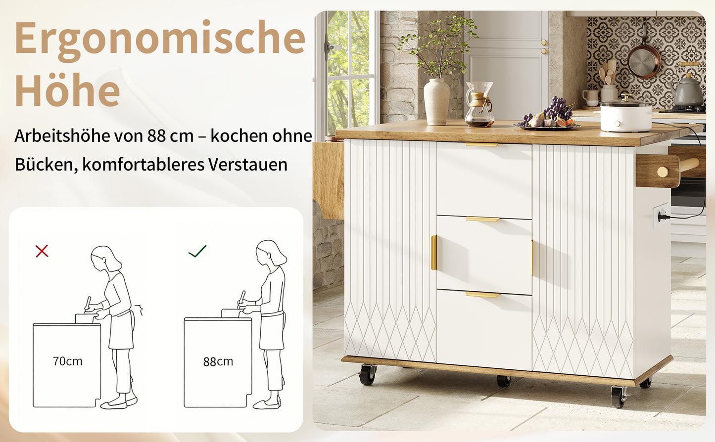 Küchenwagen mit ausklappbarer Arbeitsplatte & Stromanschluss, mobiler Kücheninselschrank mit Rollen, Weiß-Holzoptik, belastbar bis 70kg