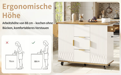 Küchenwagen mit ausklappbarer Arbeitsplatte & Stromanschluss, mobiler Kücheninselschrank mit Rollen, Weiß-Holzoptik, belastbar bis 70kg