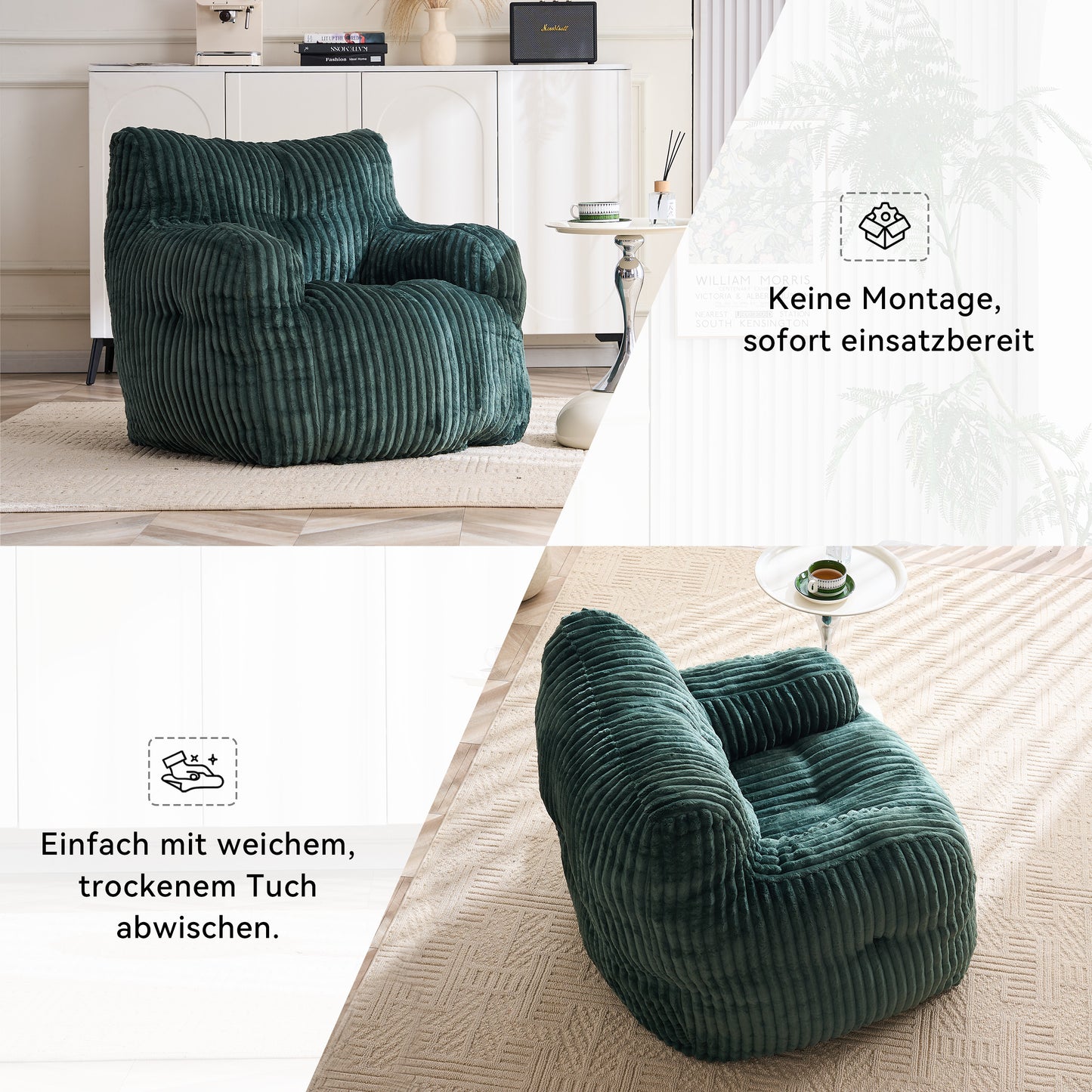 010-Soft gepolsterter Schaumstoff-Sitzsack mit Cord-Bezug, Grün