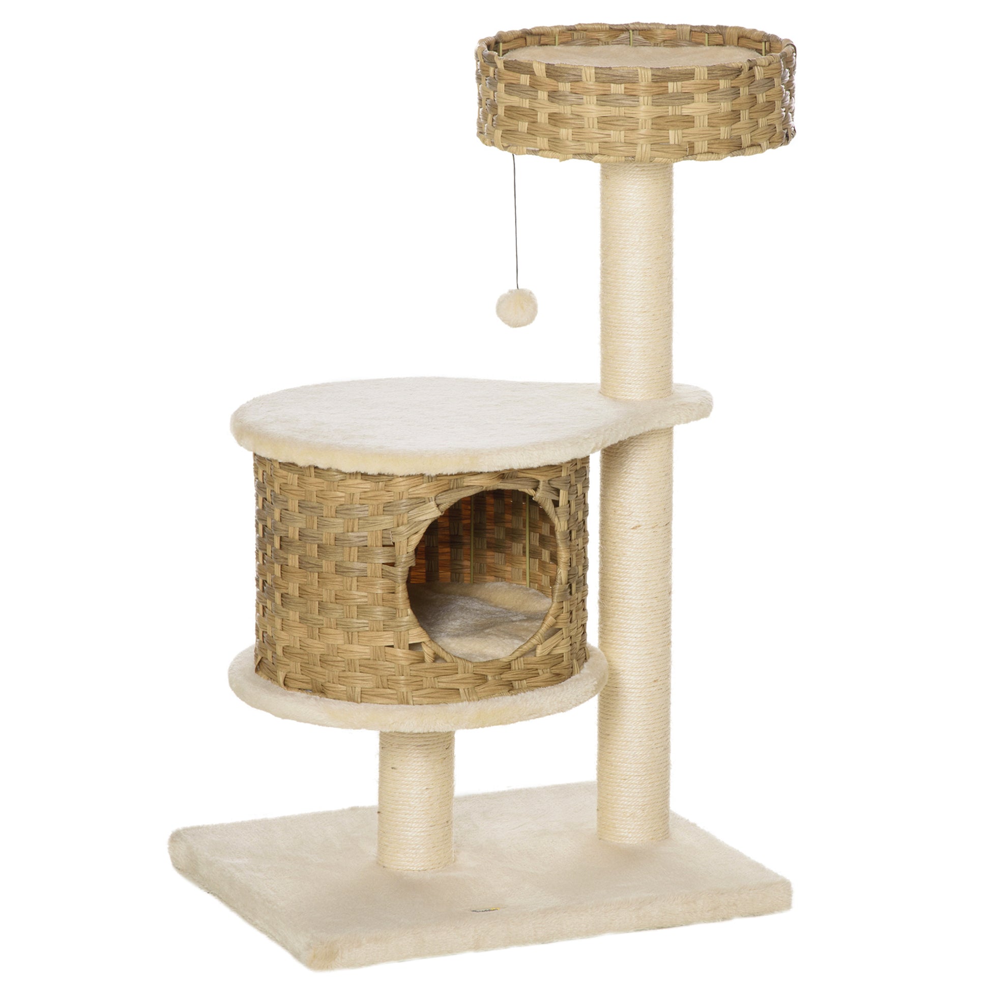 Gigab2b original image - Kratzbaum Rattan mit Katzenhöhle und Ballspielzeug, Katzenbaum für kleine Katzen, Natur und Beige