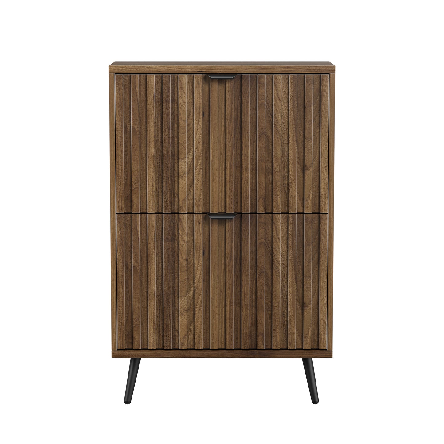60 cm Schuhschrank aus Walnussholz – Freistehende Schuhaufbewahrung im Mid-Century-Modern-Stil mit zwei Klappfächern und gerilltem Design – Ideal für Flure und Eingangsbereiche