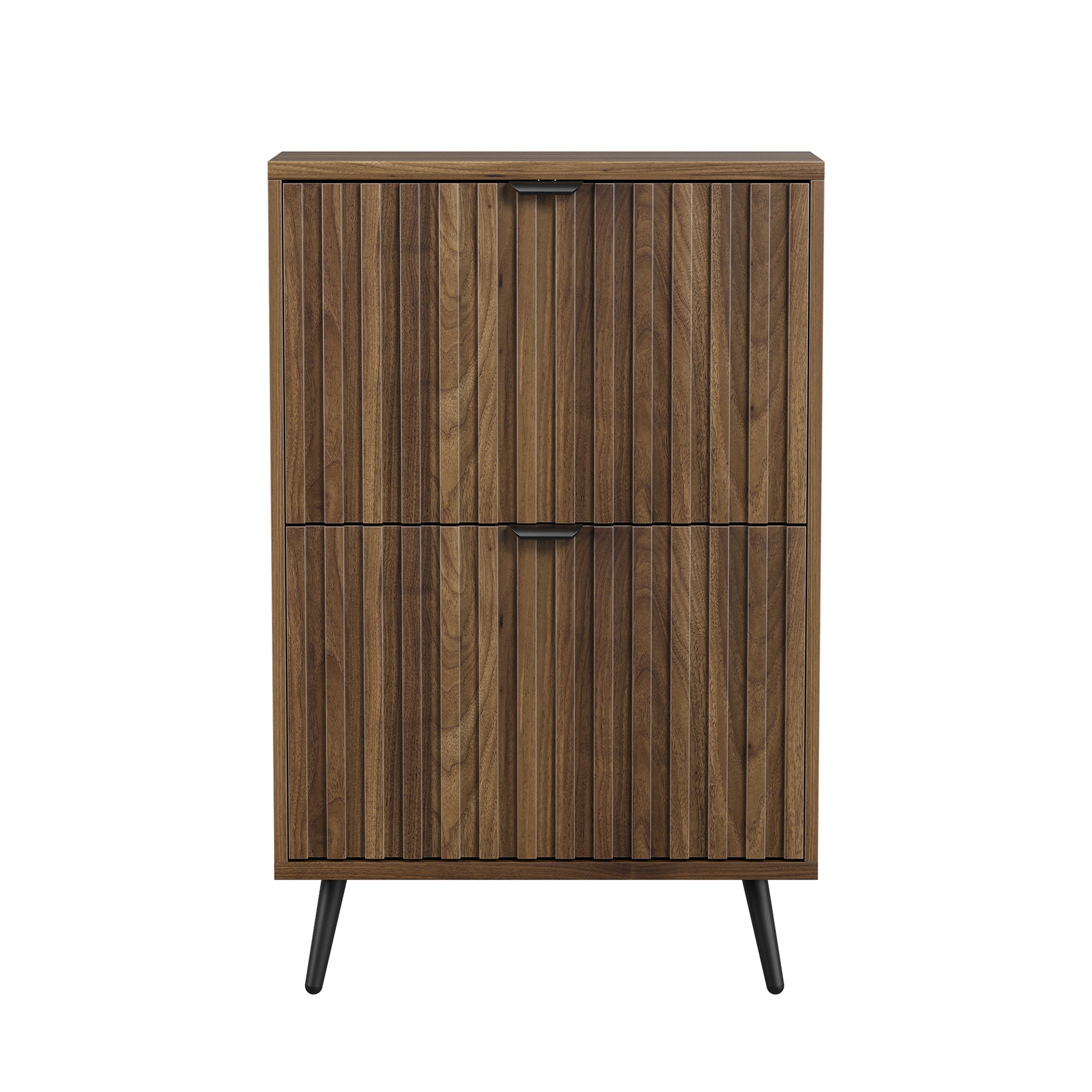 60 cm Schuhschrank aus Walnussholz – Freistehende Schuhaufbewahrung im Mid-Century-Modern-Stil mit zwei Klappfächern und gerilltem Design – Ideal für Flure und Eingangsbereiche