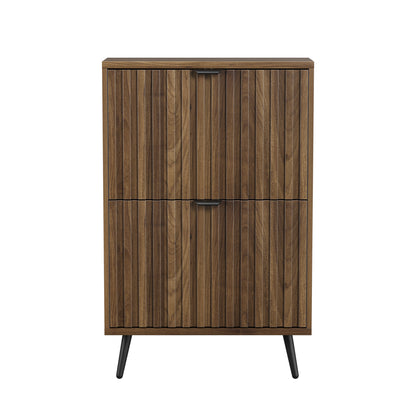 60 cm Schuhschrank aus Walnussholz – Freistehende Schuhaufbewahrung im Mid-Century-Modern-Stil mit zwei Klappfächern und gerilltem Design – Ideal für Flure und Eingangsbereiche