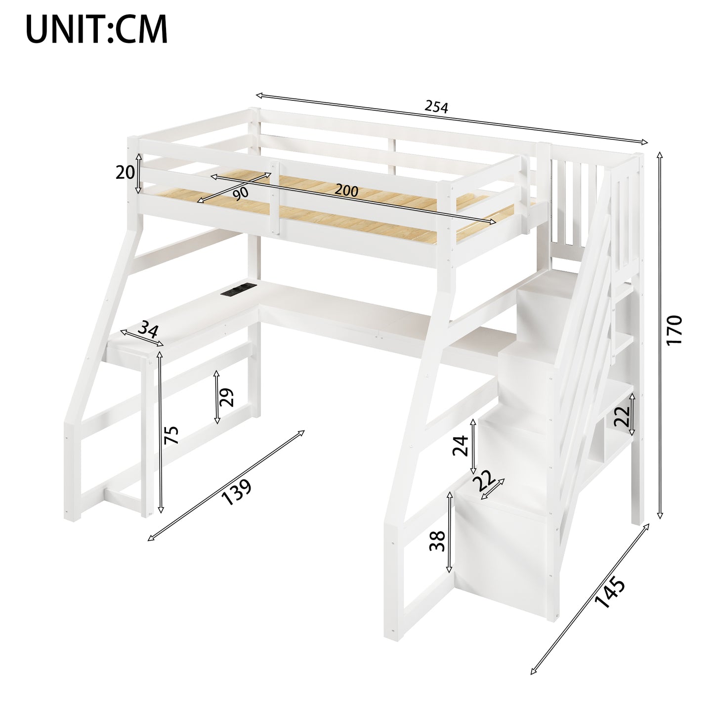 90x200 großes Hochbett aus Holz mit Schreibtisch, LED-Beleuchtung, USB-Anschluss und Treppe mit Stauraum, Weiß