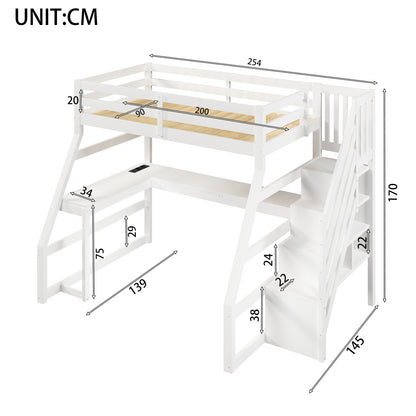 90x200 großes Hochbett aus Holz mit Schreibtisch, LED-Beleuchtung, USB-Anschluss und Treppe mit Stauraum, Weiß