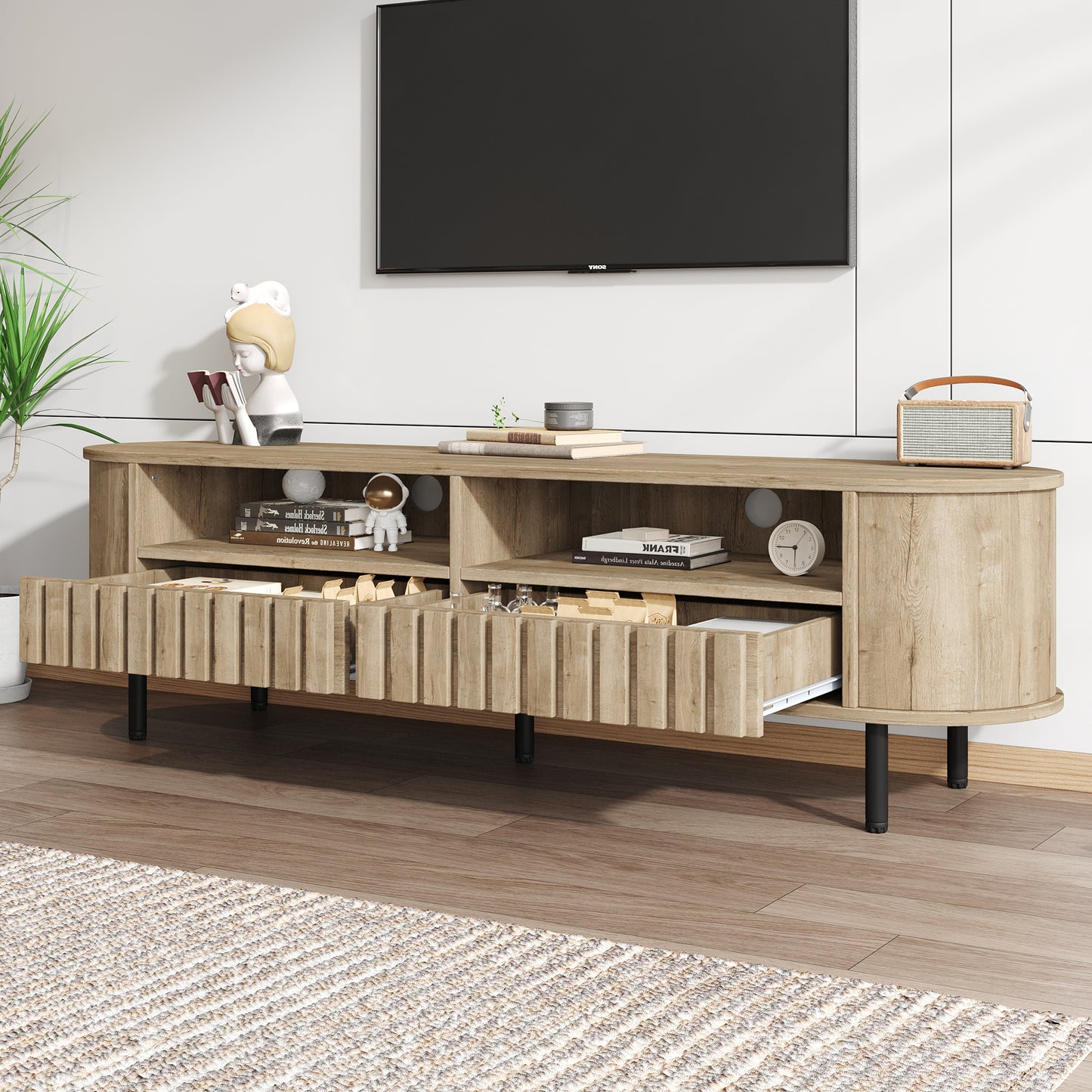 160*40*48cm TV-Schrank, Lowboard mit 2 Schränken,Wohnzimmerschrank mit 2 Schubladen,Naturholzfarbe TV-Ständer, MDF, Fernsehtisch,TV-Ständer mit 5 Stützbeinen,Geeignet für 65-Zoll-Fernseher