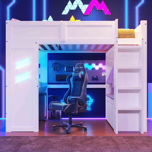 Gigab2b original image - Hochbett, 90x200cm, Gaming Bett mit Schreibtisch, Mit LED-Leuchten, 1 USB-Anschlüssen, 1 Typ-C ausgestattet, Leiter, Schreibtisch, Schublade, Wäscheständer,ohne Matratze, Weiß