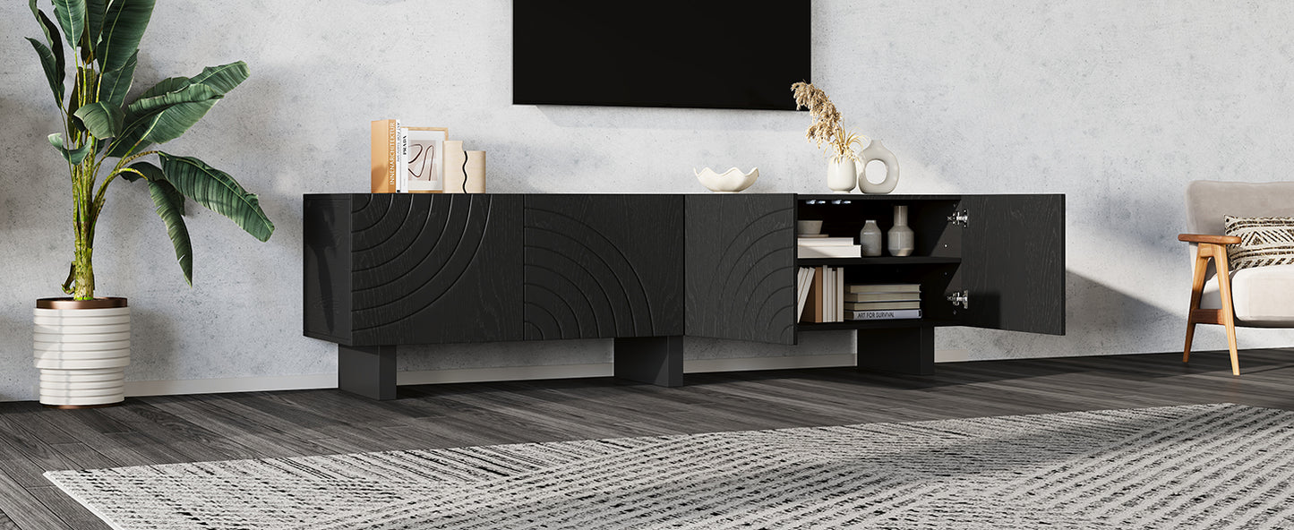 180 × 40 × 55 cm Schwarzes TV-Bank aus Spanplatte, Modernes Lowboard mit Struktur für Wohnzimmer,Fernsehschrank mit 4 Türen, TV-Halterung, Aufbewahrungsschrank.Geeignet für 75-Zoll-Fernseher