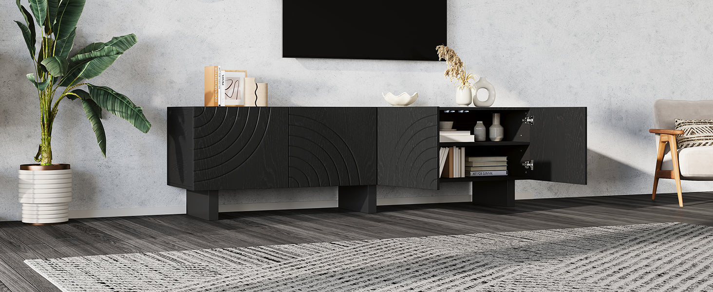 180 × 40 × 55 cm Schwarzes TV-Bank aus Spanplatte, Modernes Lowboard mit Struktur für Wohnzimmer,Fernsehschrank mit 4 Türen, TV-Halterung, Aufbewahrungsschrank.Geeignet für 75-Zoll-Fernseher