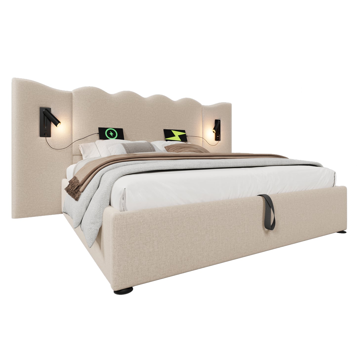 (=AB30748123B)Polsterbett Doppelbett 180×200 mit Leselampe und USB Type-C Ladefunktion, Stauraumbett Bettgestell mit Lattenrost aus Massivholz und Metall, Beige, Leinen (Ohne Matratze)