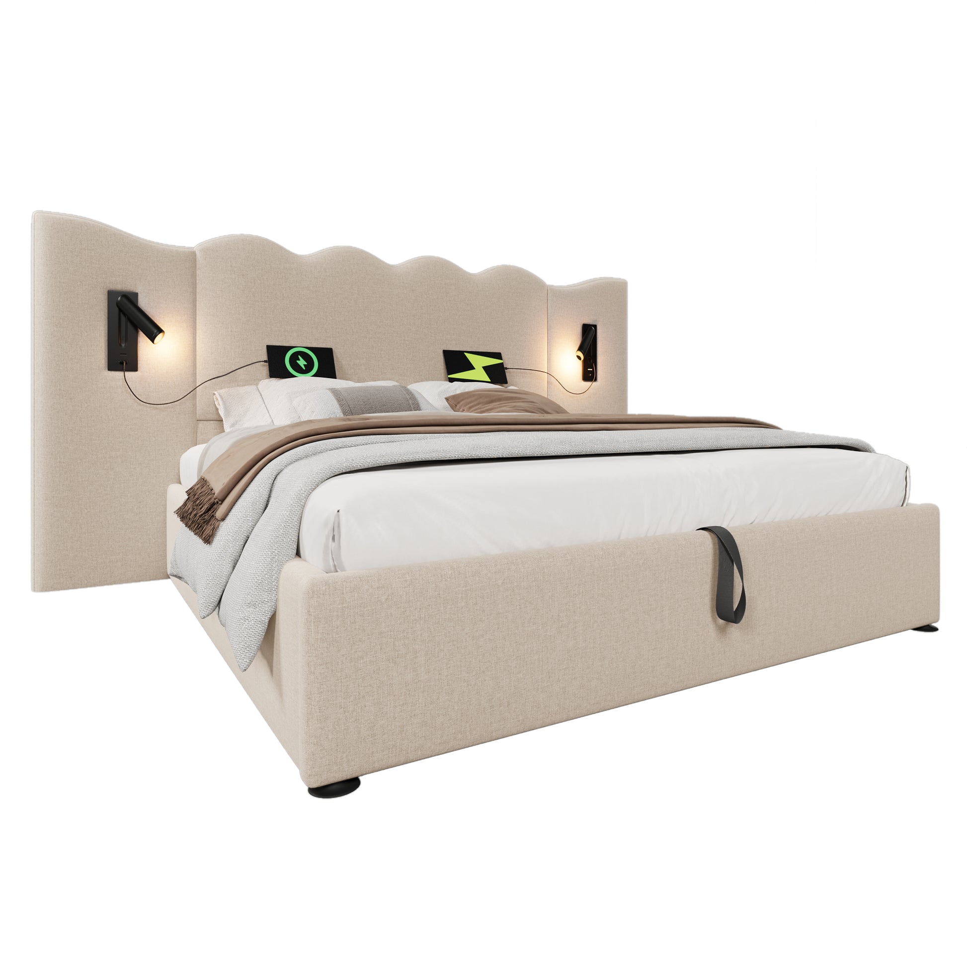 (=AB30748123B)Polsterbett Doppelbett 180×200 mit Leselampe und USB Type-C Ladefunktion, Stauraumbett Bettgestell mit Lattenrost aus Massivholz und Metall, Beige, Leinen (Ohne Matratze)