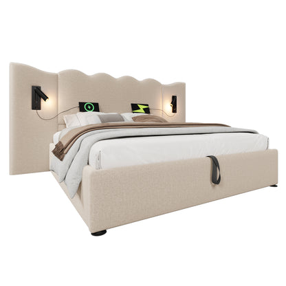 (=AB30748123B)Polsterbett Doppelbett 180×200 mit Leselampe und USB Type-C Ladefunktion, Stauraumbett Bettgestell mit Lattenrost aus Massivholz und Metall, Beige, Leinen (Ohne Matratze)