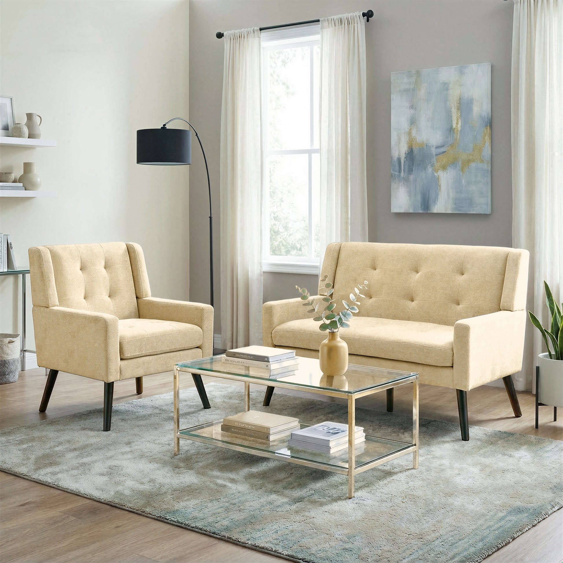 2-teilige Accent-Sessel-Set (Einzel- & Doppel-Sessel) – Hochdichtschaum-Polster, hautfreundliches und langlebiges Gewebe, Massivholzbeine mit bodenschützenden Pads für Wohnzimmer und Home Office