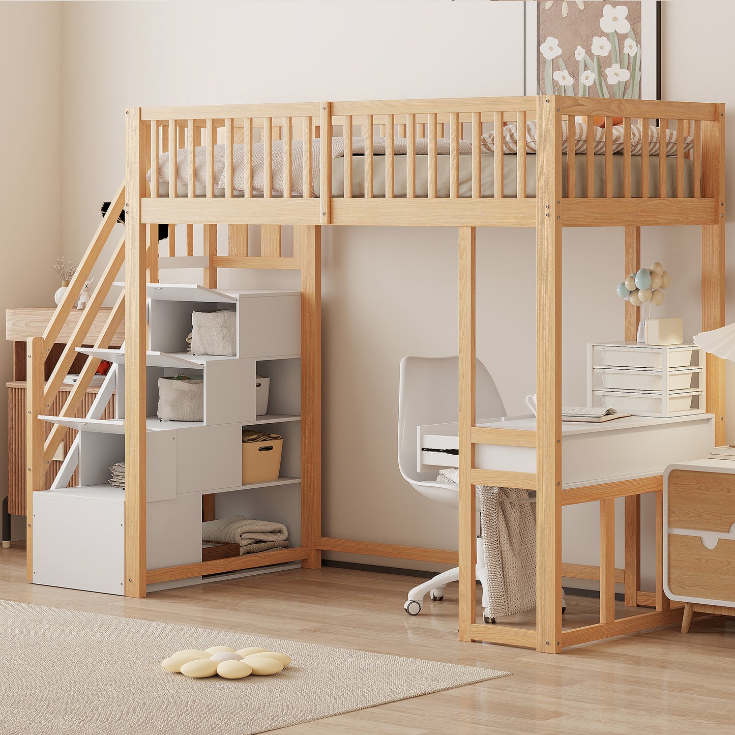 90x200 Hochbett mit Multifunktionstisch, sicherer Aufbewahrungstreppe, Bettgestell aus massivem Kiefernholz für Kinder und Jugendliche Weiß