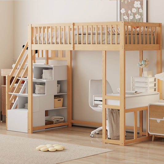 90x200 Hochbett mit Multifunktionstisch, sicherer Aufbewahrungstreppe, Bettgestell aus massivem Kiefernholz für Kinder und Jugendliche Weiß