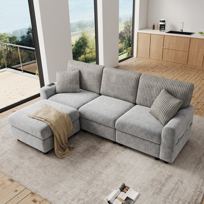 Modernes Sofa mit 1 Fußhocker, 2 quadratischen Kissen, 1 USB-Anschluss und 1 Type-C-Anschluss, Grau (Maße: B223 × H84 × T146 cm)