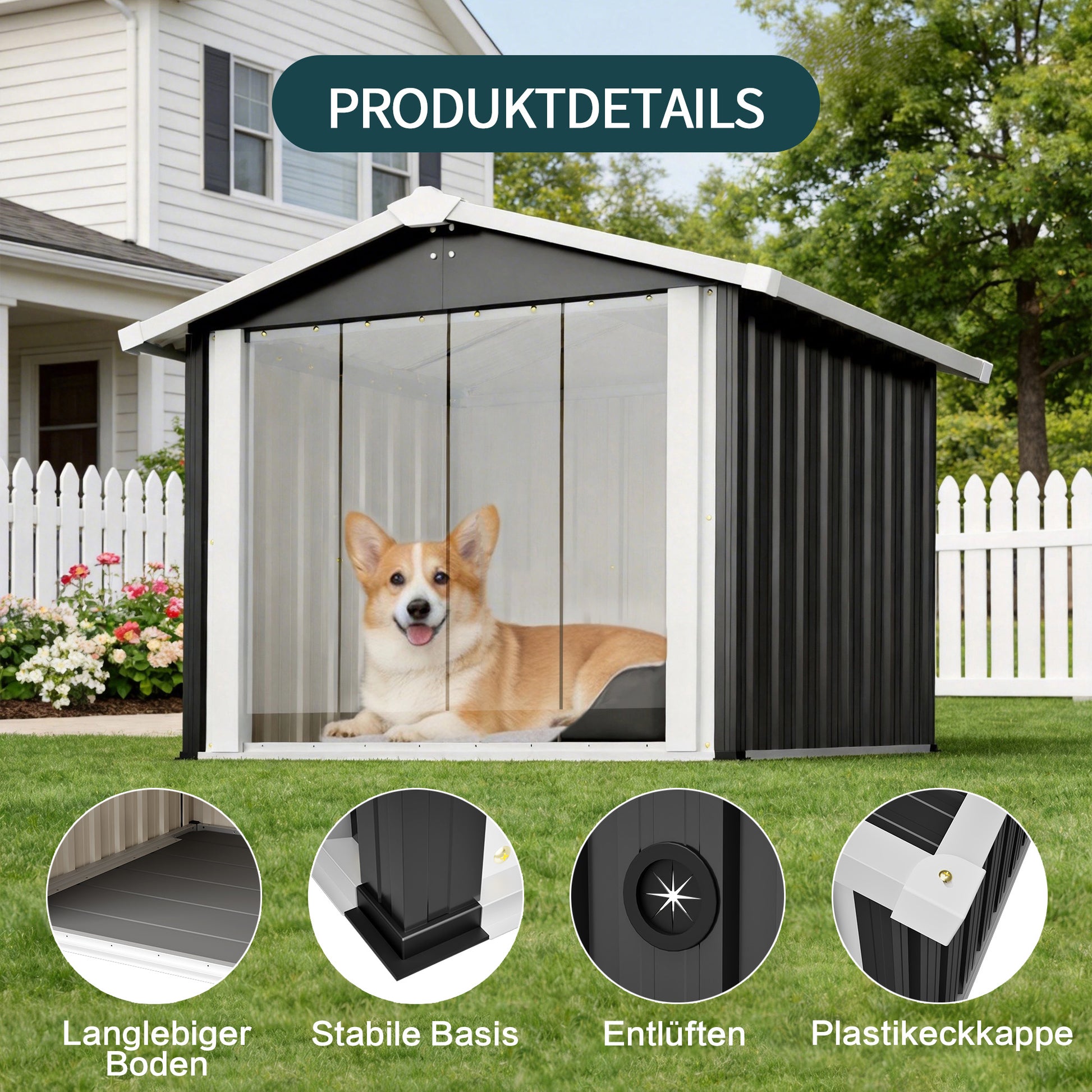 102x91x84cm Outdoor Dog House, Large Waterproof Pet House with Slanted Roof for Drainage, UV Protection & Ventilation, Weather Resistant Plastic Dog Kennel for Backyard Patio Camping – Grey