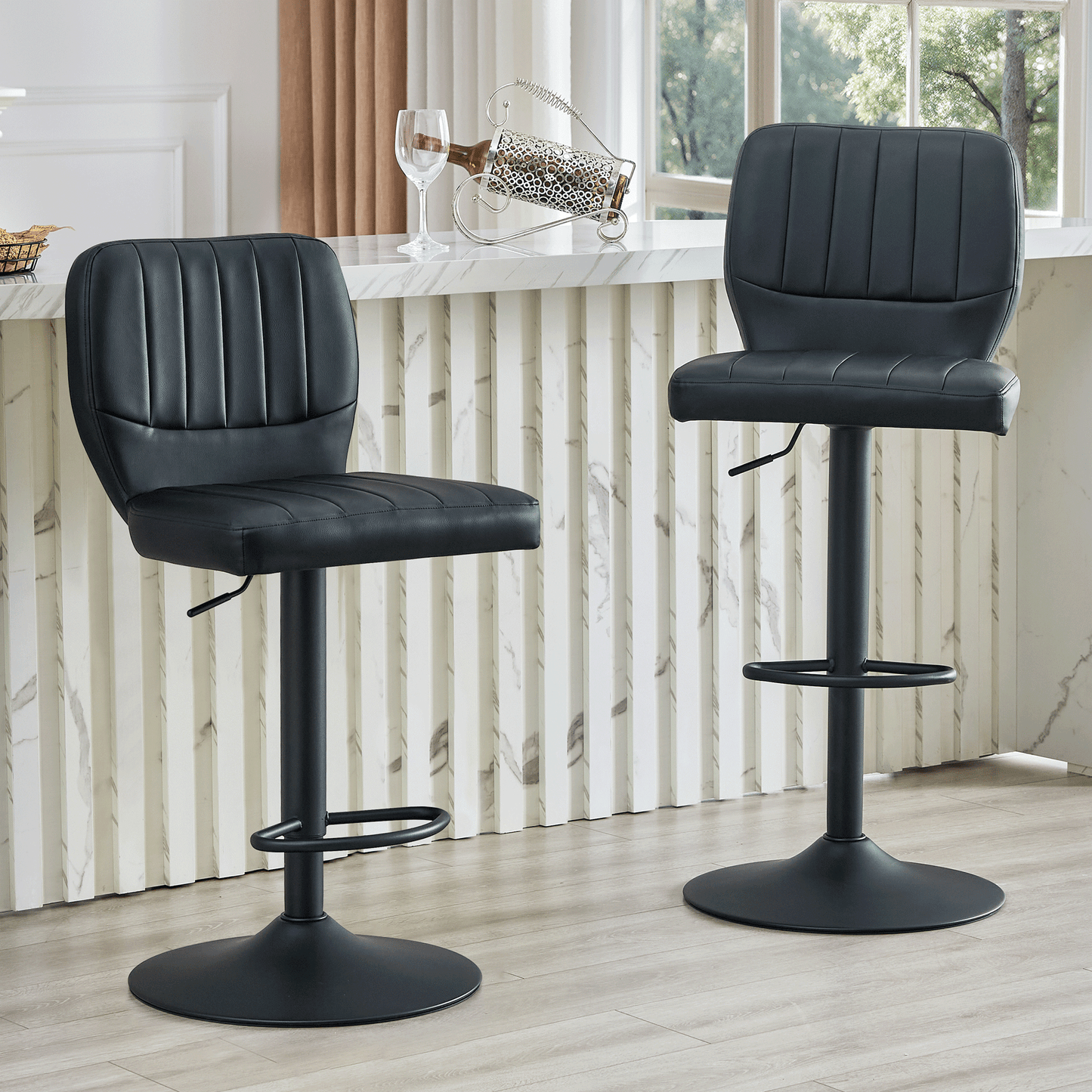 Barhocker höhenverstellbar 62-83cm, 360° drehbarer Barstuhl mit Rückenlehne & Fußstütze, Ergonomischer Küchenhocker aus Kunstleder, belastbar bis 136kg, Schwarz