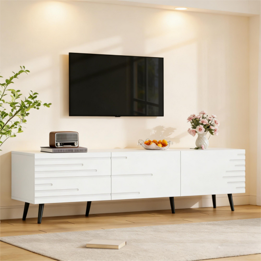 180 x 40 x 48 cm großer TV-Schrank mit 3 Klapptüren, lowboard,TV-Ständer, Kabinett,Wohnzimmerschrank, bedrucktem Design, weiß, geeignet für Fernseher um die 80 Zoll, großer Stauraum, aus MDF-Material.