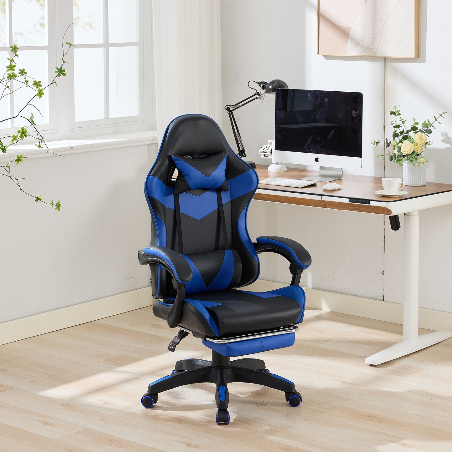 360°-Drehbare Ergonomische Rennsport-Design-Gaming-Stuhl Leder Hochlehnsbürostuhl Höhenverstellbarer Arbeitsstuhl mit Fußstütze, Kopfstütze und Lendenstütze für Büro und Gaming – Schwarz&Blau