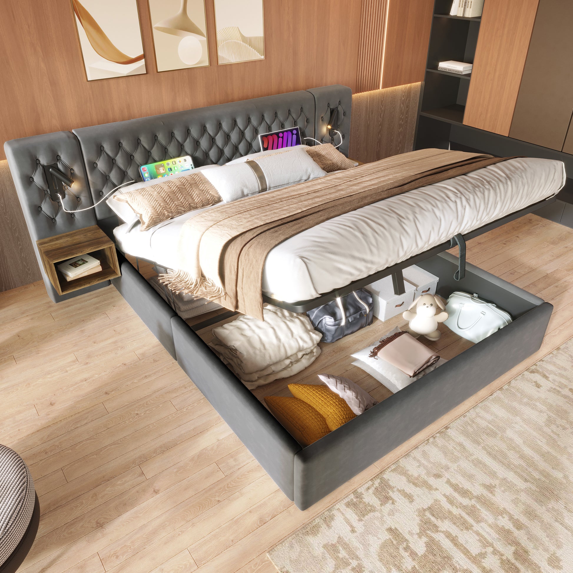 (=AB30260567G)Bettanlage Schlafzimmer Komplett Set,Polsterbett Hydraulisch Stauraumbett Doppelbett 180×200 cm mit 2 Nachttischen, Kopfteil Leselicht mit USB Ladefunktion, Grau, Samt(Ohne Matratze)