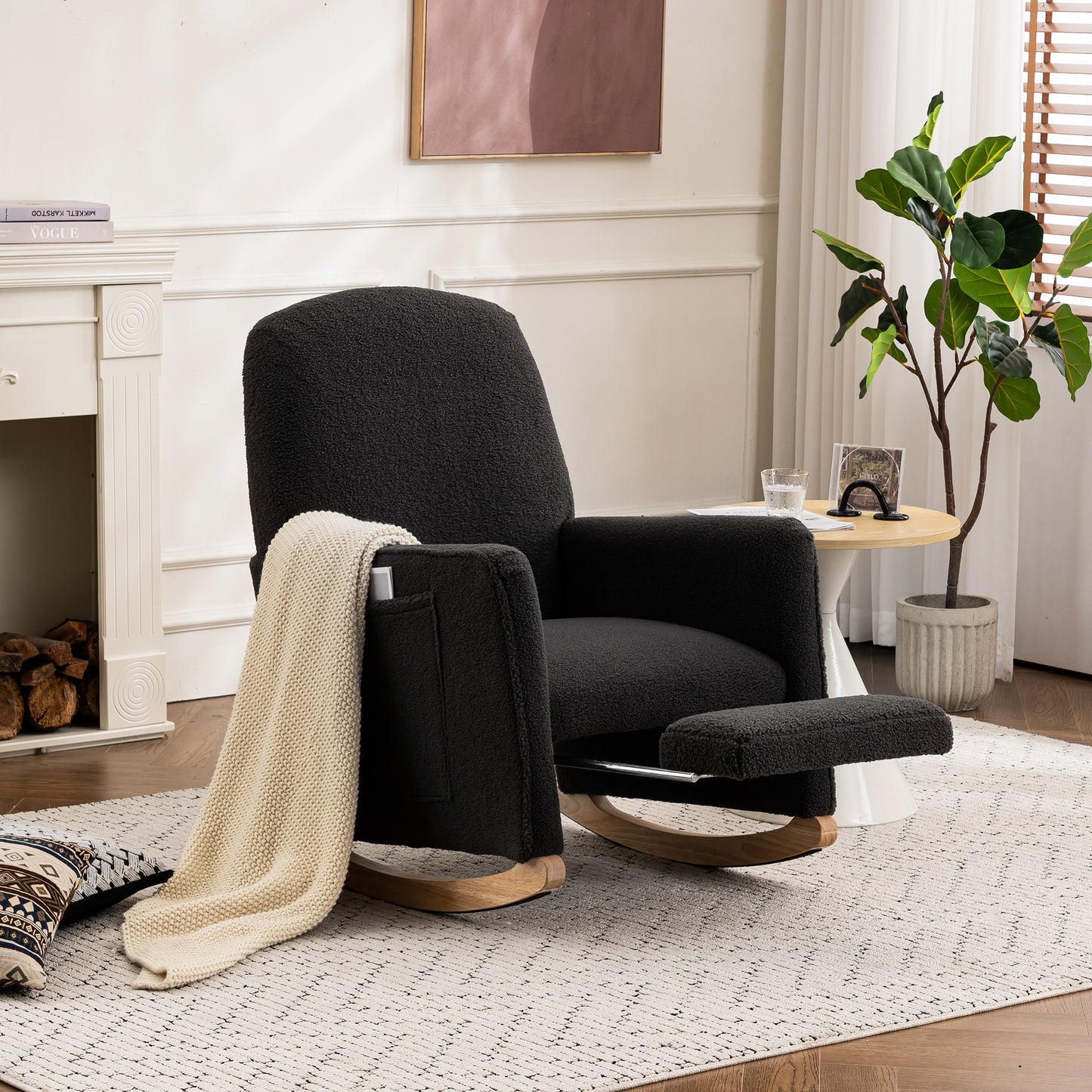 044 Schaukelstuhl mit Hocker, Relaxsessel mit Ottomane, Schaukelstuhl für den Innenbereich mit hoher Rückenlehne für das Wohnzimmer, dunkelgrauer Teddy-Stoff